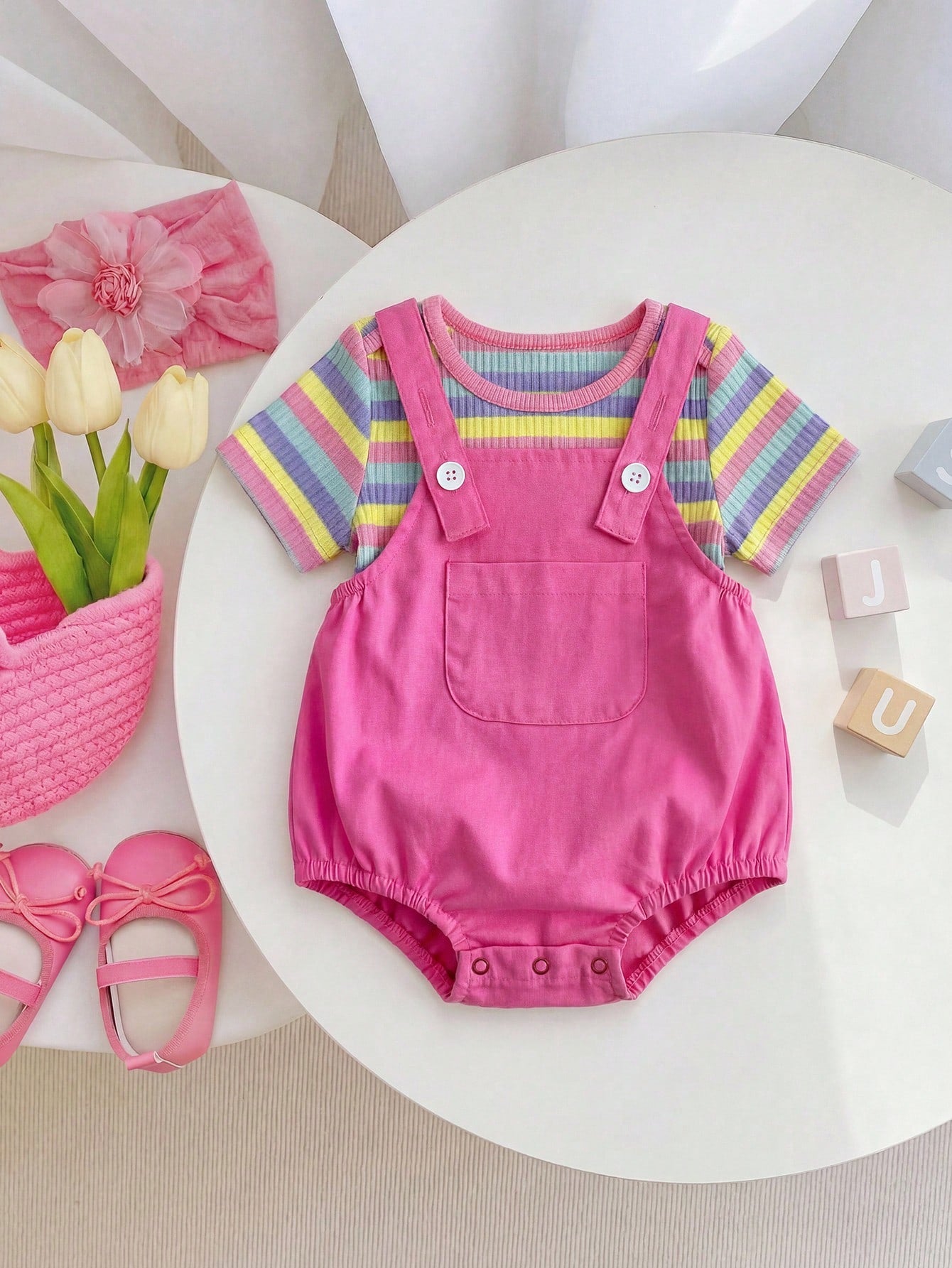 Newborn Baby Boys' 2pcs Set,Pink,Summer,Cute,Family Matching Striped Overall,White Knitted Peter Pan Collar Top,Striped Buttoned Hat,Casual Outfit