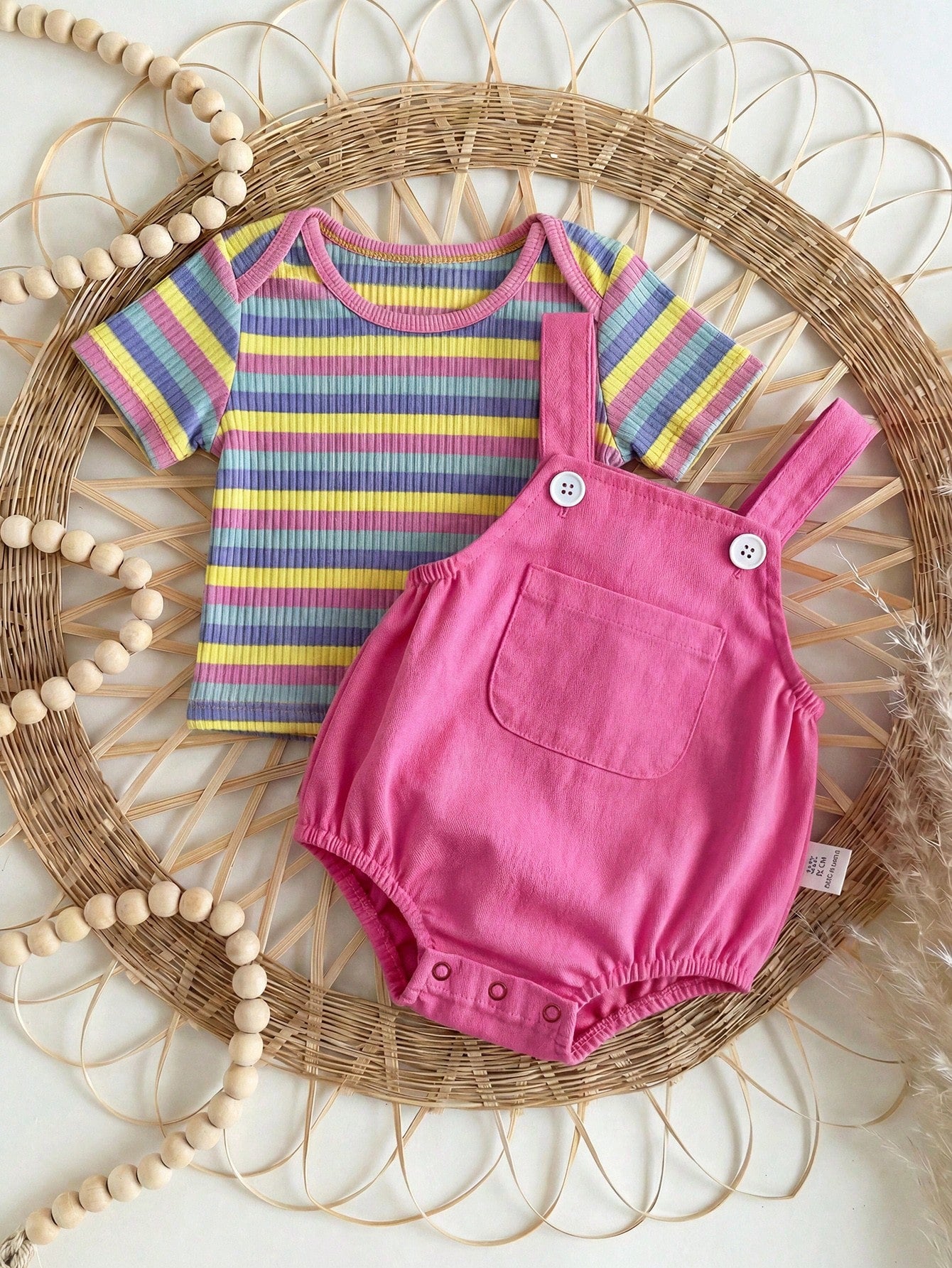 Newborn Baby Boys' 2pcs Set,Pink,Summer,Cute,Family Matching Striped Overall,White Knitted Peter Pan Collar Top,Striped Buttoned Hat,Casual Outfit