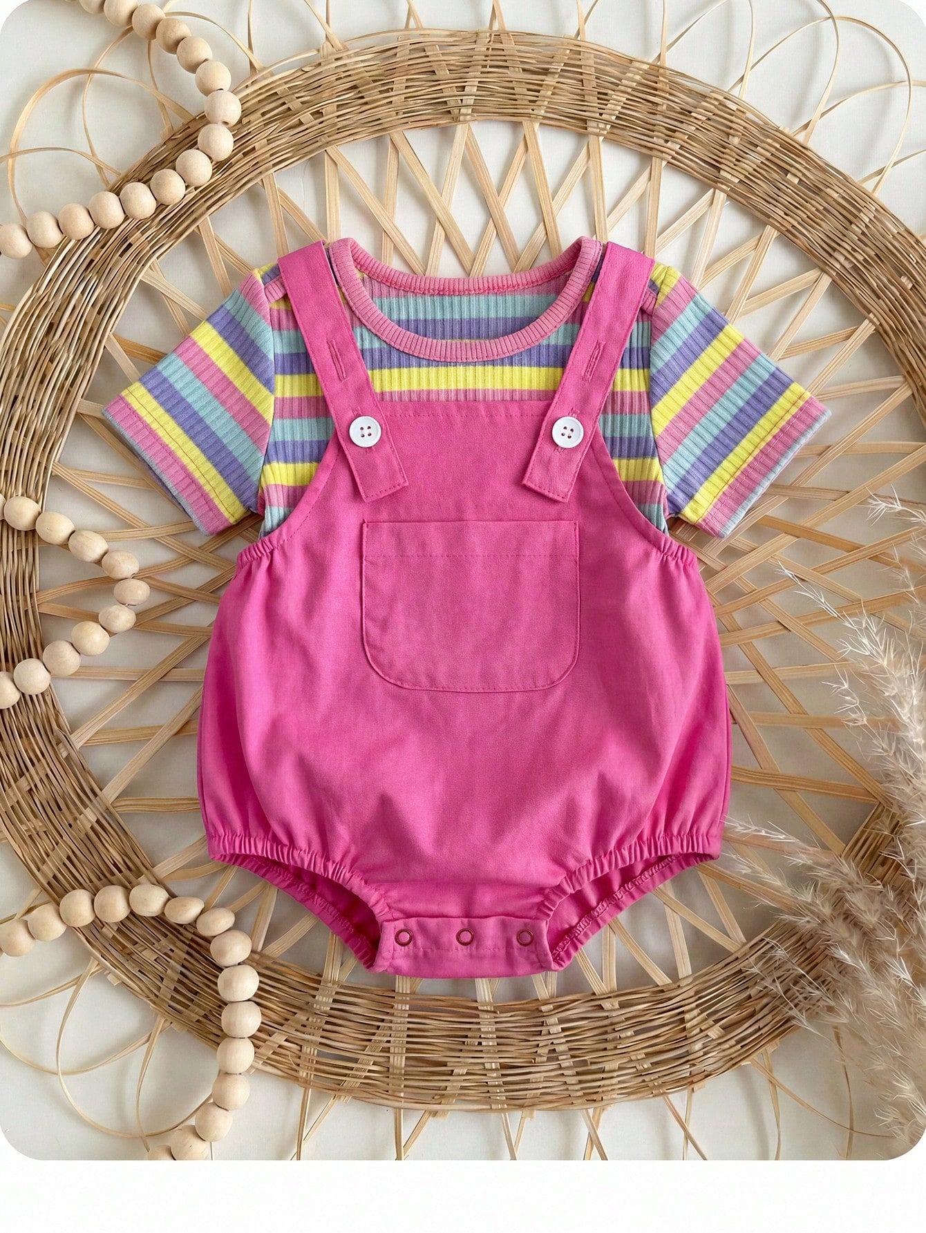 Newborn Baby Boys' 2pcs Set,Pink,Summer,Cute,Family Matching Striped Overall,White Knitted Peter Pan Collar Top,Striped Buttoned Hat,Casual Outfit
