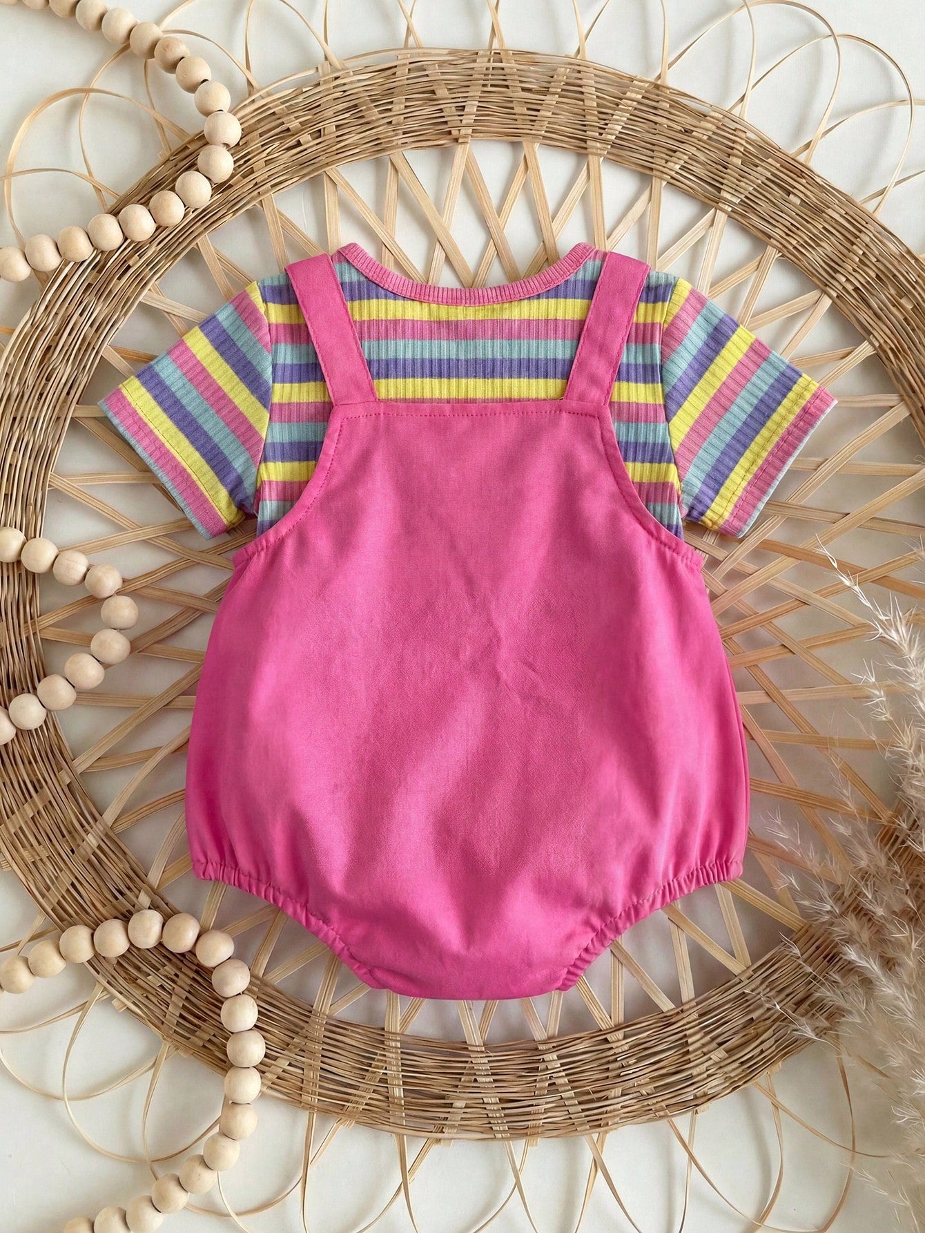 Newborn Baby Boys' 2pcs Set,Pink,Summer,Cute,Family Matching Striped Overall,White Knitted Peter Pan Collar Top,Striped Buttoned Hat,Casual Outfit