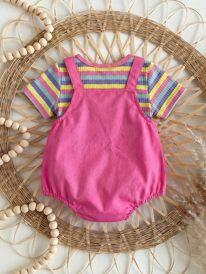 Newborn Baby Boys' 2pcs Set,Pink,Summer,Cute,Family Matching Striped Overall,White Knitted Peter Pan Collar Top,Striped Buttoned Hat,Casual Outfit