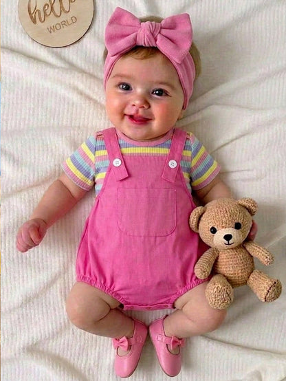 Newborn Baby Boys' 2pcs Set,Pink,Summer,Cute,Family Matching Striped Overall,White Knitted Peter Pan Collar Top,Striped Buttoned Hat,Casual Outfit