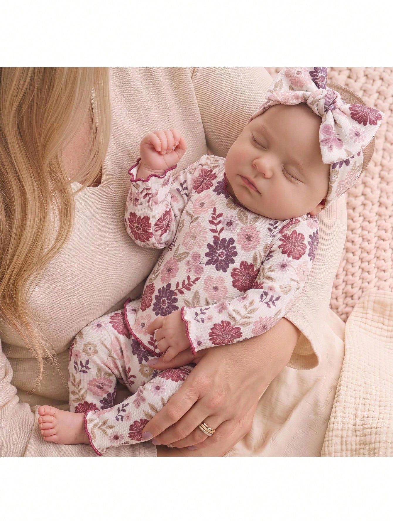 Newborn Baby Floral Print Long Sleeve Pajamas Set For Girls Infant Sleepwear With Matching Headband Soft Floral Newborn Baby Girl Pajamas With Ruffled Edges And Cute Bow Headband Adorable Baby G