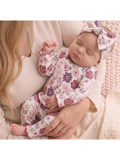 Newborn Baby Floral Print Long Sleeve Pajamas Set For Girls Infant Sleepwear With Matching Headband Soft Floral Newborn Baby Girl Pajamas With Ruffled Edges And Cute Bow Headband Adorable Baby G