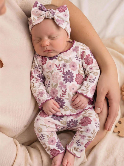 Newborn Baby Floral Print Long Sleeve Pajamas Set For Girls Infant Sleepwear With Matching Headband Soft Floral Newborn Baby Girl Pajamas With Ruffled Edges And Cute Bow Headband Adorable Baby G