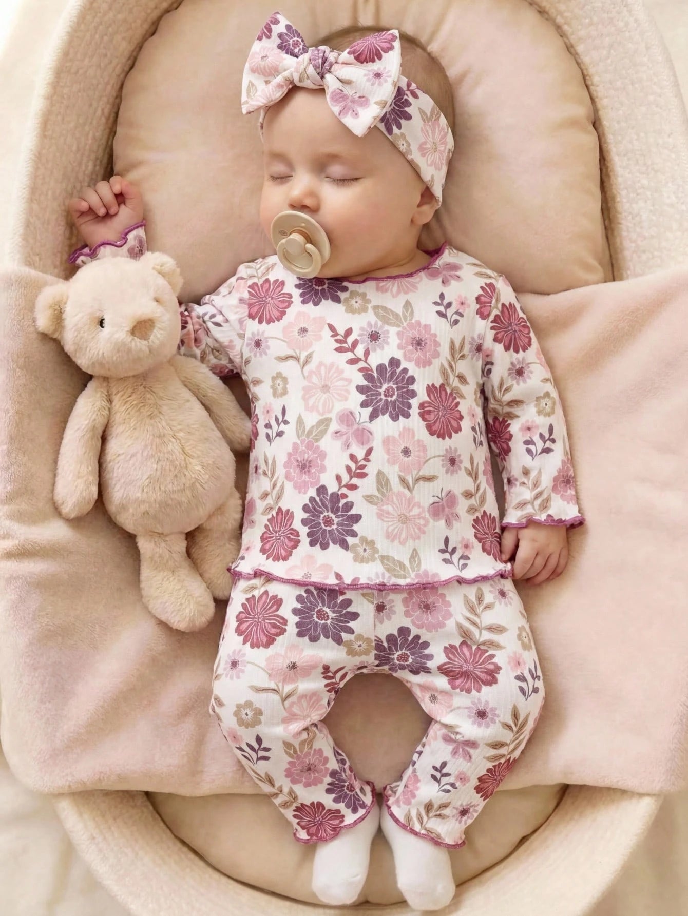 Newborn Baby Floral Print Long Sleeve Pajamas Set For Girls Infant Sleepwear With Matching Headband Soft Floral Newborn Baby Girl Pajamas With Ruffled Edges And Cute Bow Headband Adorable Baby G