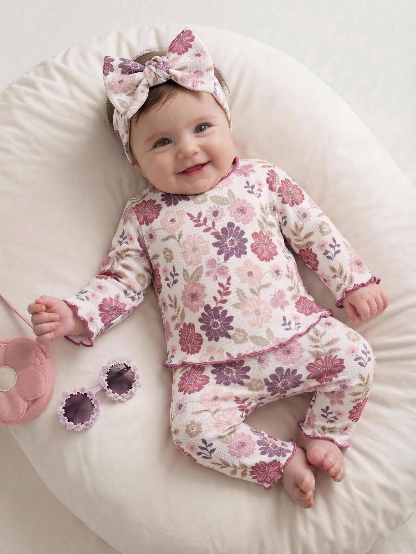 Newborn Baby Floral Print Long Sleeve Pajamas Set For Girls Infant Sleepwear With Matching Headband Soft Floral Newborn Baby Girl Pajamas With Ruffled Edges And Cute Bow Headband Adorable Baby G