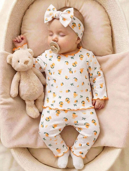 Newborn Baby Floral Print Long Sleeve Pajamas Set For Girls Infant Sleepwear With Matching Headband Soft Floral Newborn Baby Girl Pajamas With Ruffled Edges And Cute Bow Headband Adorable Baby G