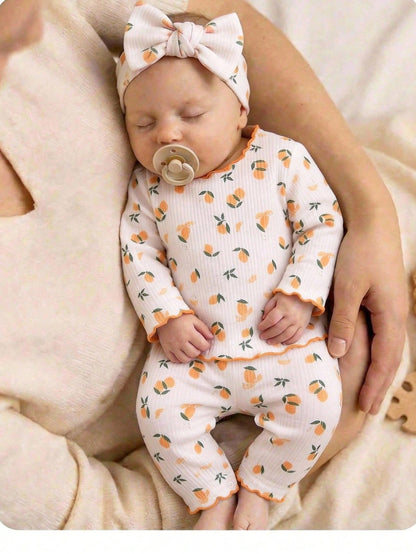 Newborn Baby Floral Print Long Sleeve Pajamas Set For Girls Infant Sleepwear With Matching Headband Soft Floral Newborn Baby Girl Pajamas With Ruffled Edges And Cute Bow Headband Adorable Baby G