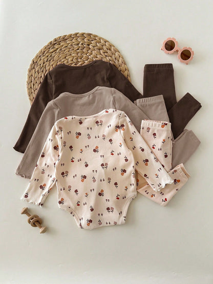 Newborn Baby Girl 3pcs Cute Casual Elastic Knit Floral Pattern Long Sleeve Autumn Rompers
