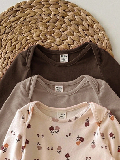 Newborn Baby Girl 3pcs Cute Casual Elastic Knit Floral Pattern Long Sleeve Autumn Rompers