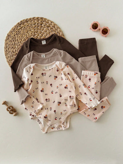 Newborn Baby Girl 3pcs Cute Casual Elastic Knit Floral Pattern Long Sleeve Autumn Rompers