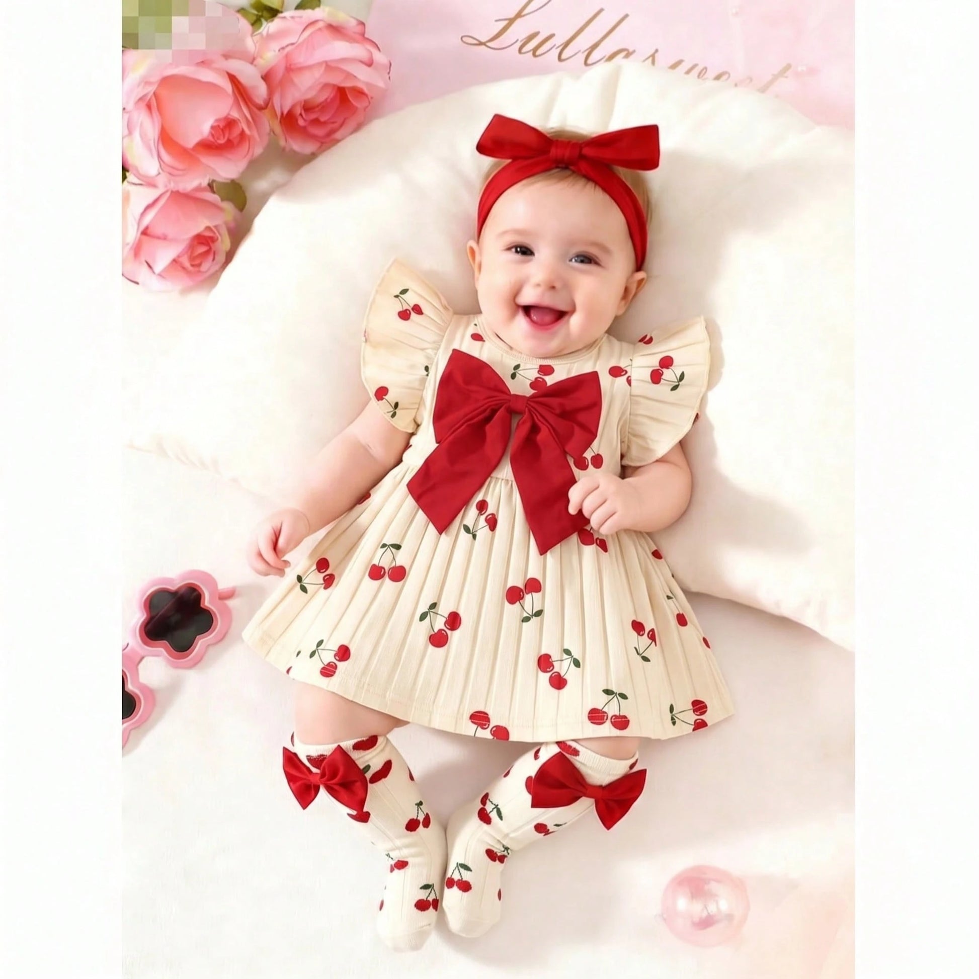 Newborn Baby Girl Cherry Pattern Dress With Big Bow, Sweet Daily Dress With Headband And Socks