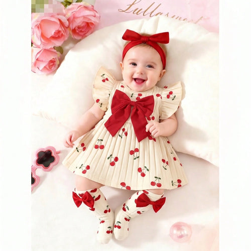 Newborn Baby Girl Cherry Pattern Dress With Big Bow, Sweet Daily Dress With Headband And Socks