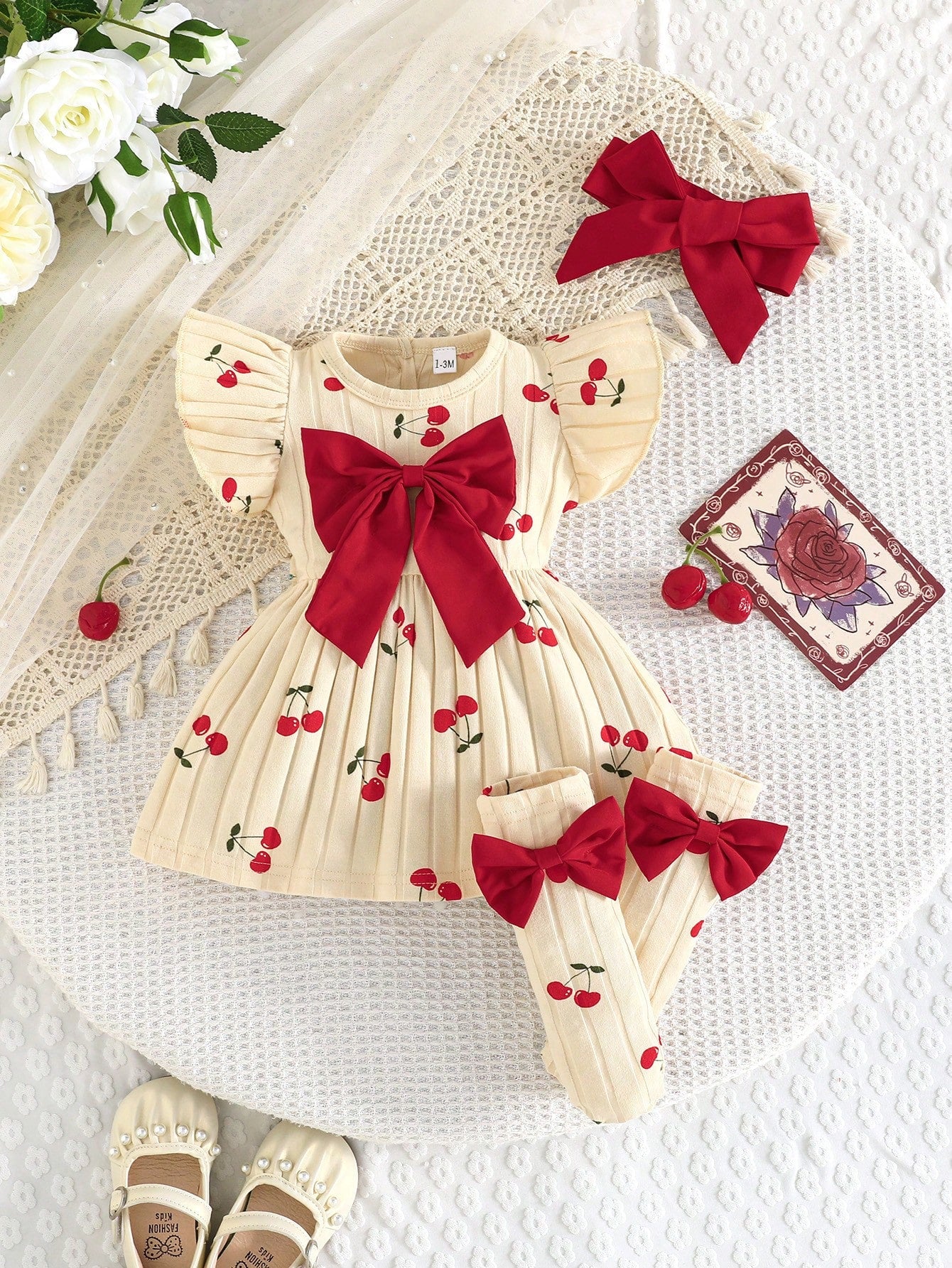 Newborn Baby Girl Cherry Pattern Dress With Big Bow, Sweet Daily Dress With Headband And Socks