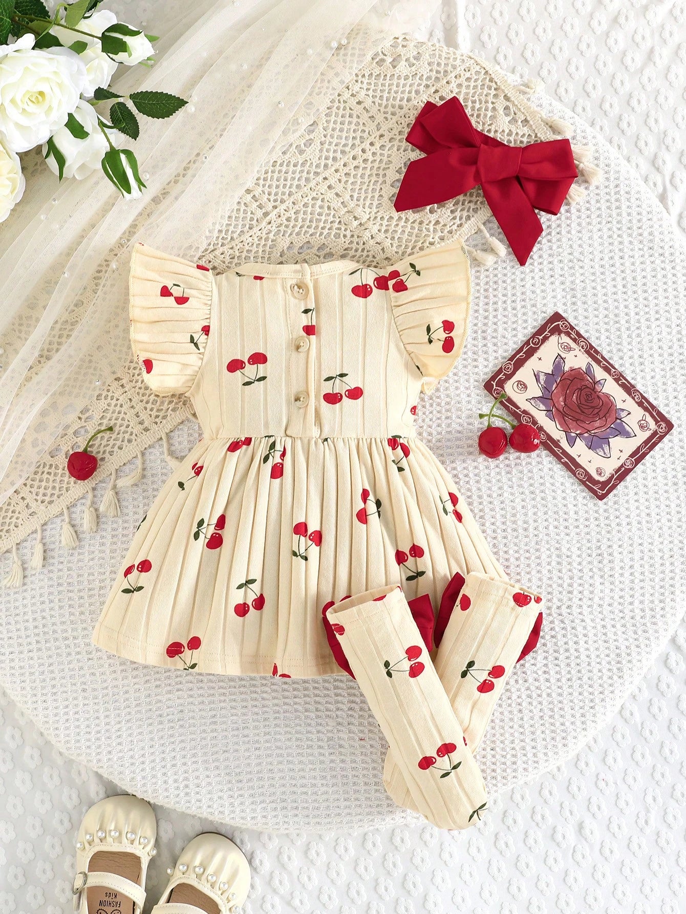 Newborn Baby Girl Cherry Pattern Dress With Big Bow, Sweet Daily Dress With Headband And Socks