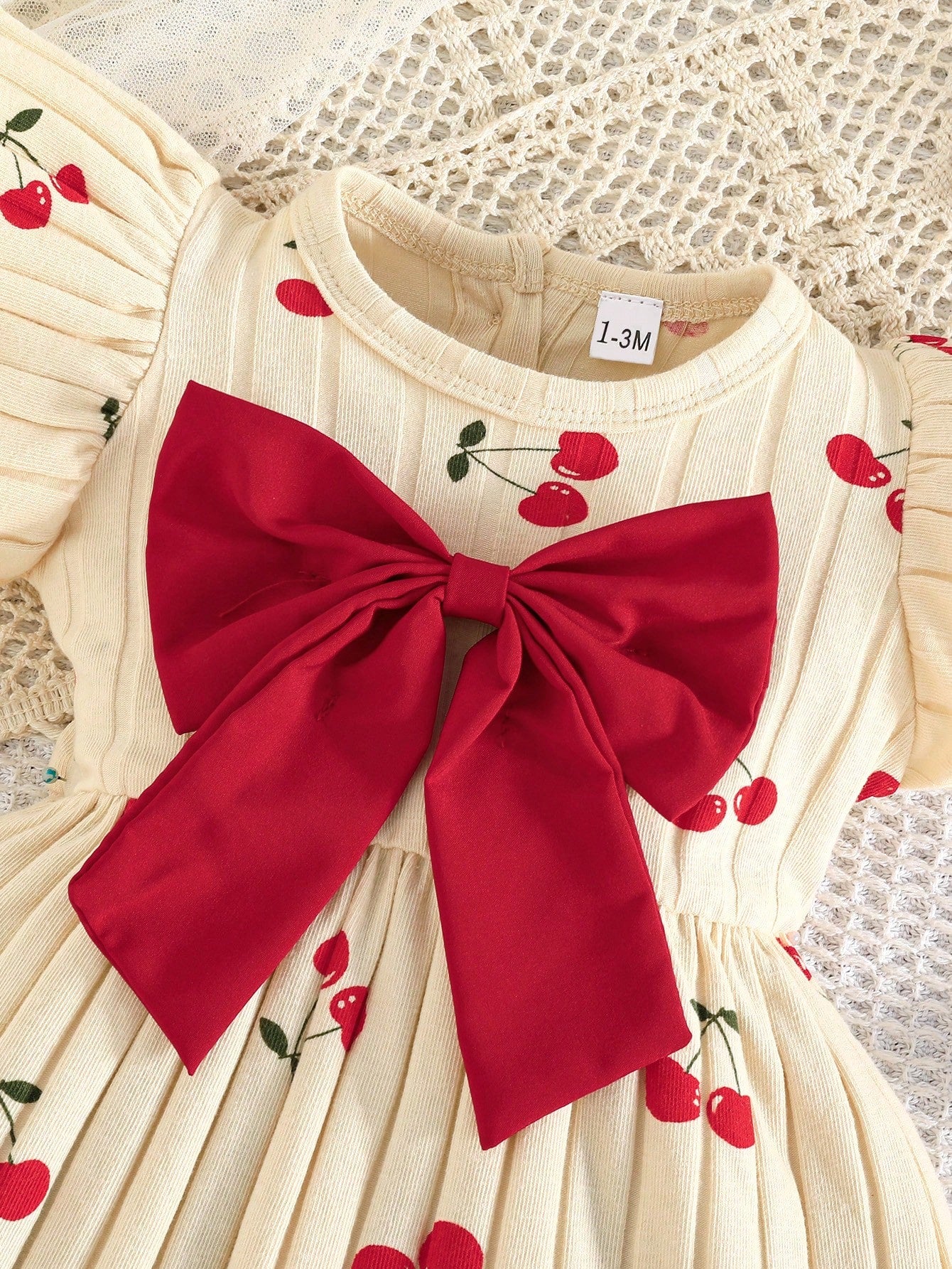 Newborn Baby Girl Cherry Pattern Dress With Big Bow, Sweet Daily Dress With Headband And Socks