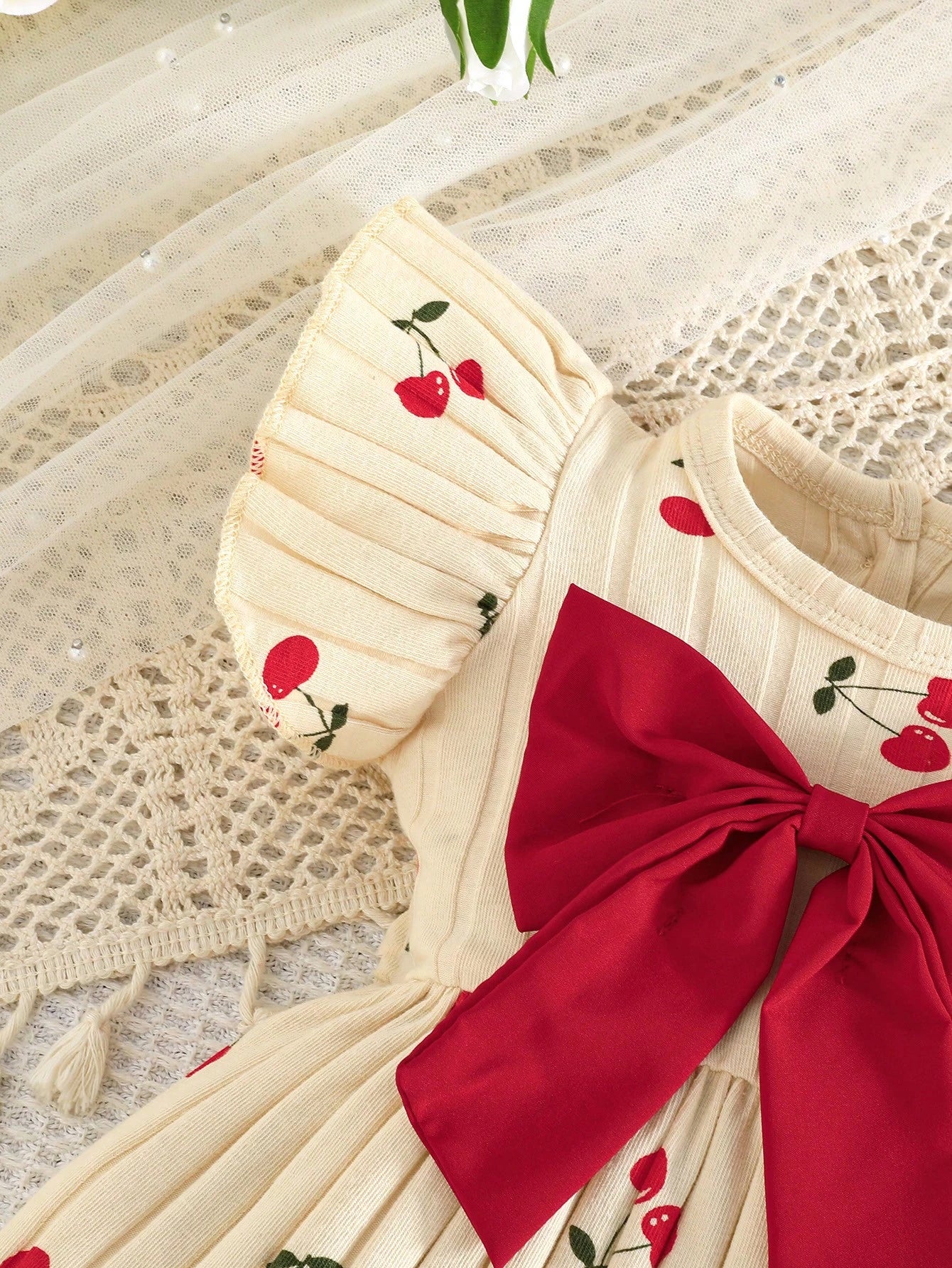 Newborn Baby Girl Cherry Pattern Dress With Big Bow, Sweet Daily Dress With Headband And Socks