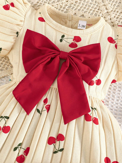 Newborn Baby Girl Cherry Pattern Dress With Big Bow, Sweet Daily Dress With Headband And Socks