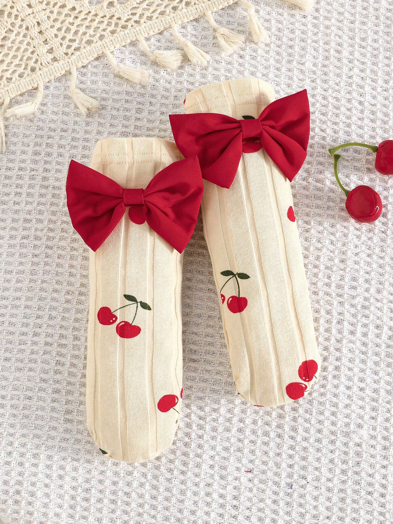 Newborn Baby Girl Cherry Pattern Dress With Big Bow, Sweet Daily Dress With Headband And Socks