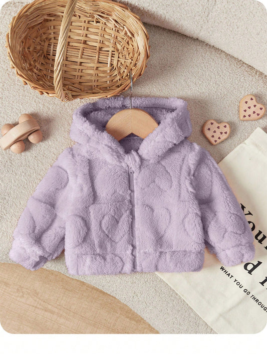 Newborn Baby Girl Cute Solid Color Fuzzy Heart Pattern Hooded Jacket Thick Outerwear For Autumn & Winter