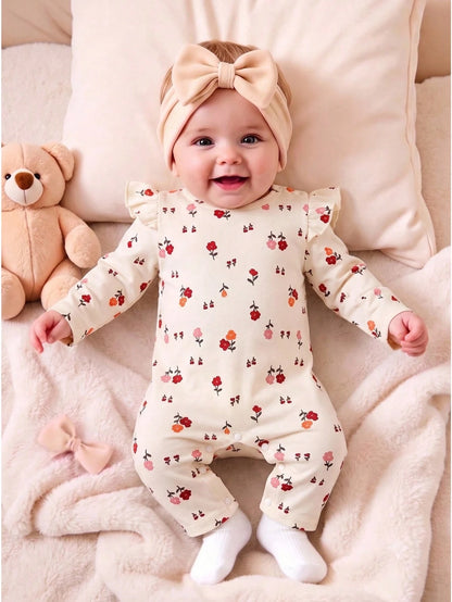 Newborn Baby Girl Floral Pastoral Style Romper, Beige With Fresh Print, Small Flutter Sleeve Design, Round Neck Fits Neck Comfortably Without Tightness. Snap Closure At Crotch For Easy Diaper Ch