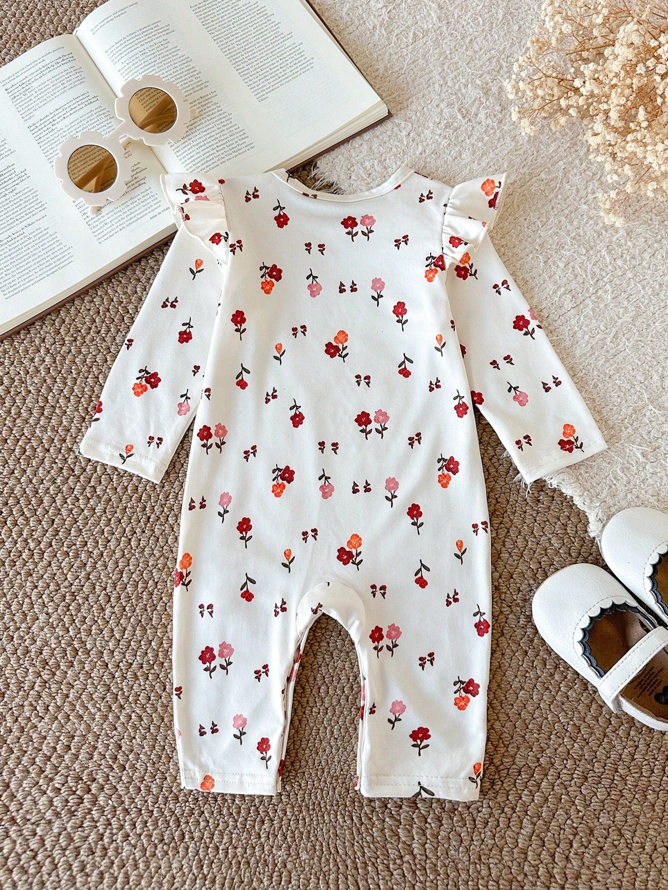 Newborn Baby Girl Floral Pastoral Style Romper, Beige With Fresh Print, Small Flutter Sleeve Design, Round Neck Fits Neck Comfortably Without Tightness. Snap Closure At Crotch For Easy Diaper Ch