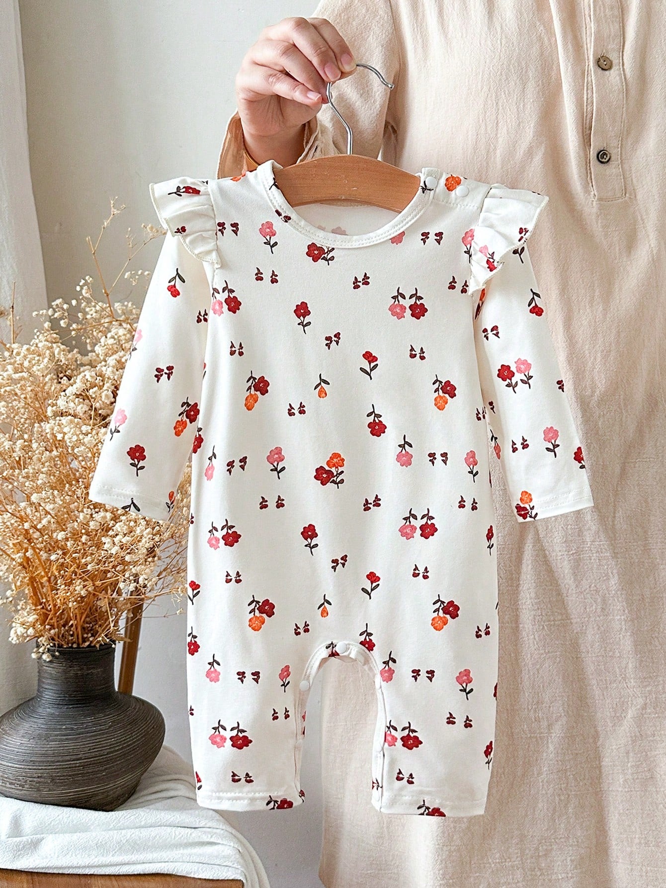 Newborn Baby Girl Floral Pastoral Style Romper, Beige With Fresh Print, Small Flutter Sleeve Design, Round Neck Fits Neck Comfortably Without Tightness. Snap Closure At Crotch For Easy Diaper Ch