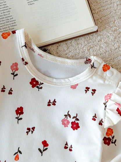 Newborn Baby Girl Floral Pastoral Style Romper, Beige With Fresh Print, Small Flutter Sleeve Design, Round Neck Fits Neck Comfortably Without Tightness. Snap Closure At Crotch For Easy Diaper Ch