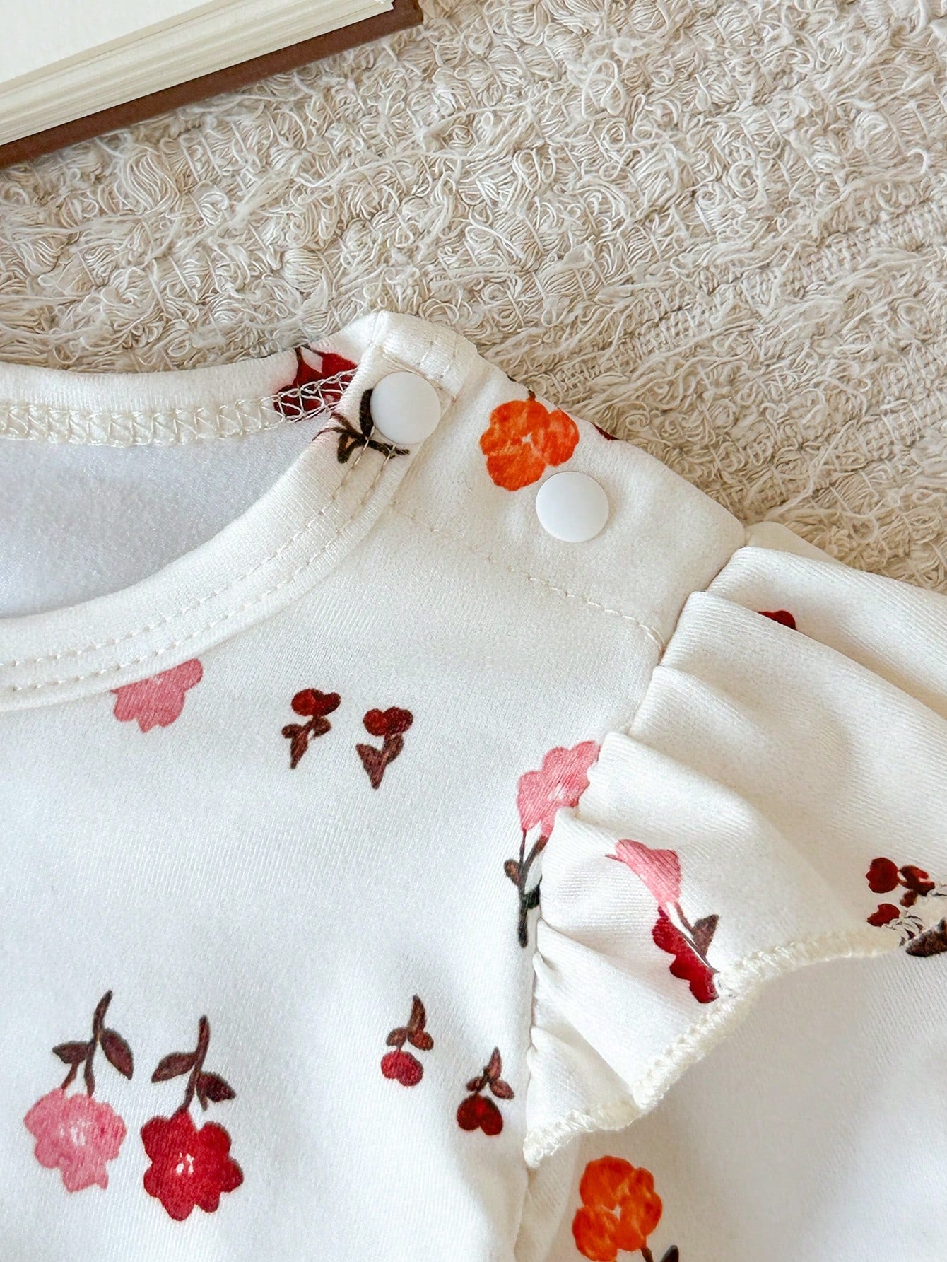Newborn Baby Girl Floral Pastoral Style Romper, Beige With Fresh Print, Small Flutter Sleeve Design, Round Neck Fits Neck Comfortably Without Tightness. Snap Closure At Crotch For Easy Diaper Ch