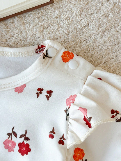 Newborn Baby Girl Floral Pastoral Style Romper, Beige With Fresh Print, Small Flutter Sleeve Design, Round Neck Fits Neck Comfortably Without Tightness. Snap Closure At Crotch For Easy Diaper Ch