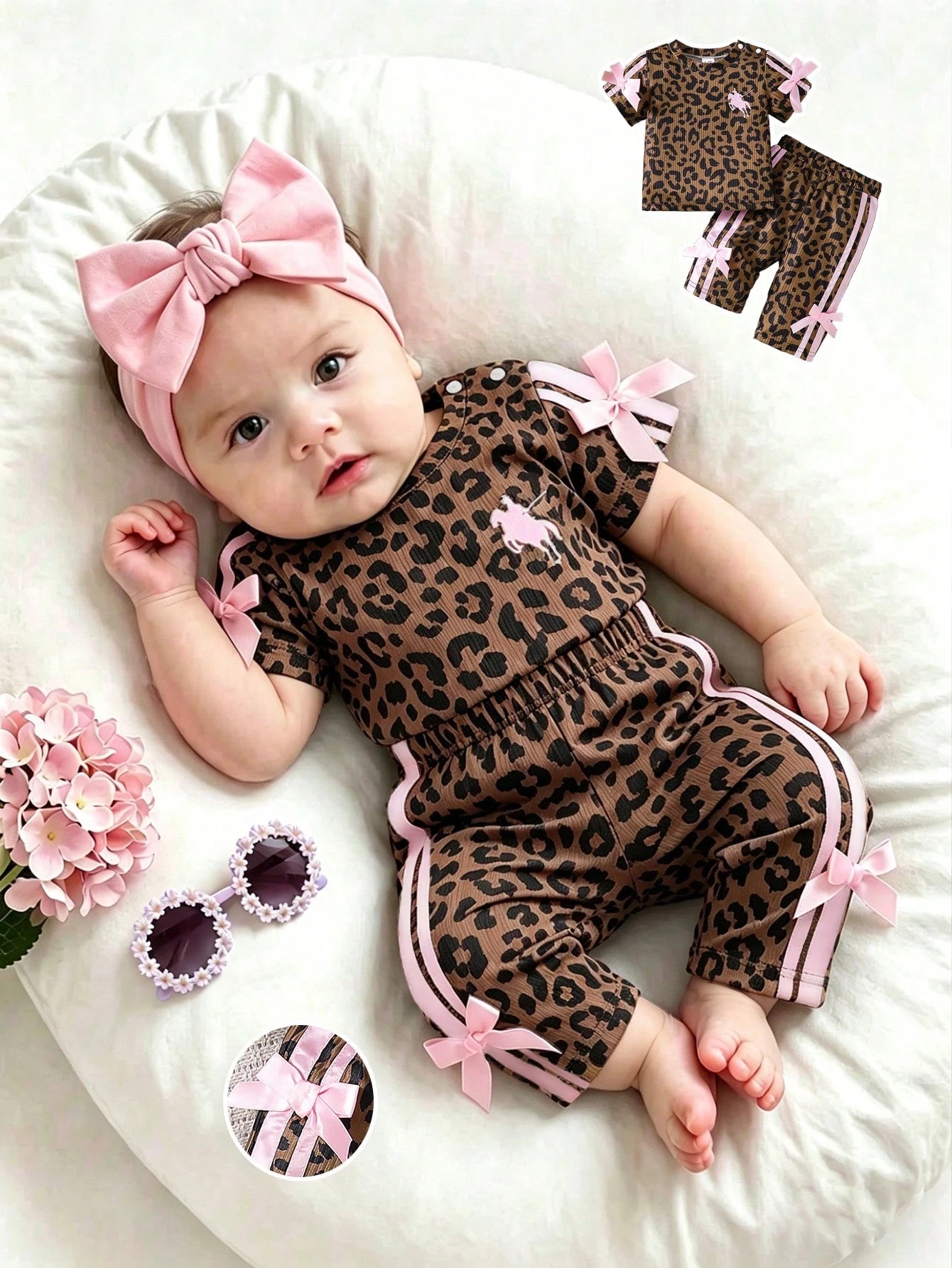 Newborn Baby Girl Pink Black Fashion Set Short Sleeve Top With 3D Bow Cute Outfit For 0-9 M Babies