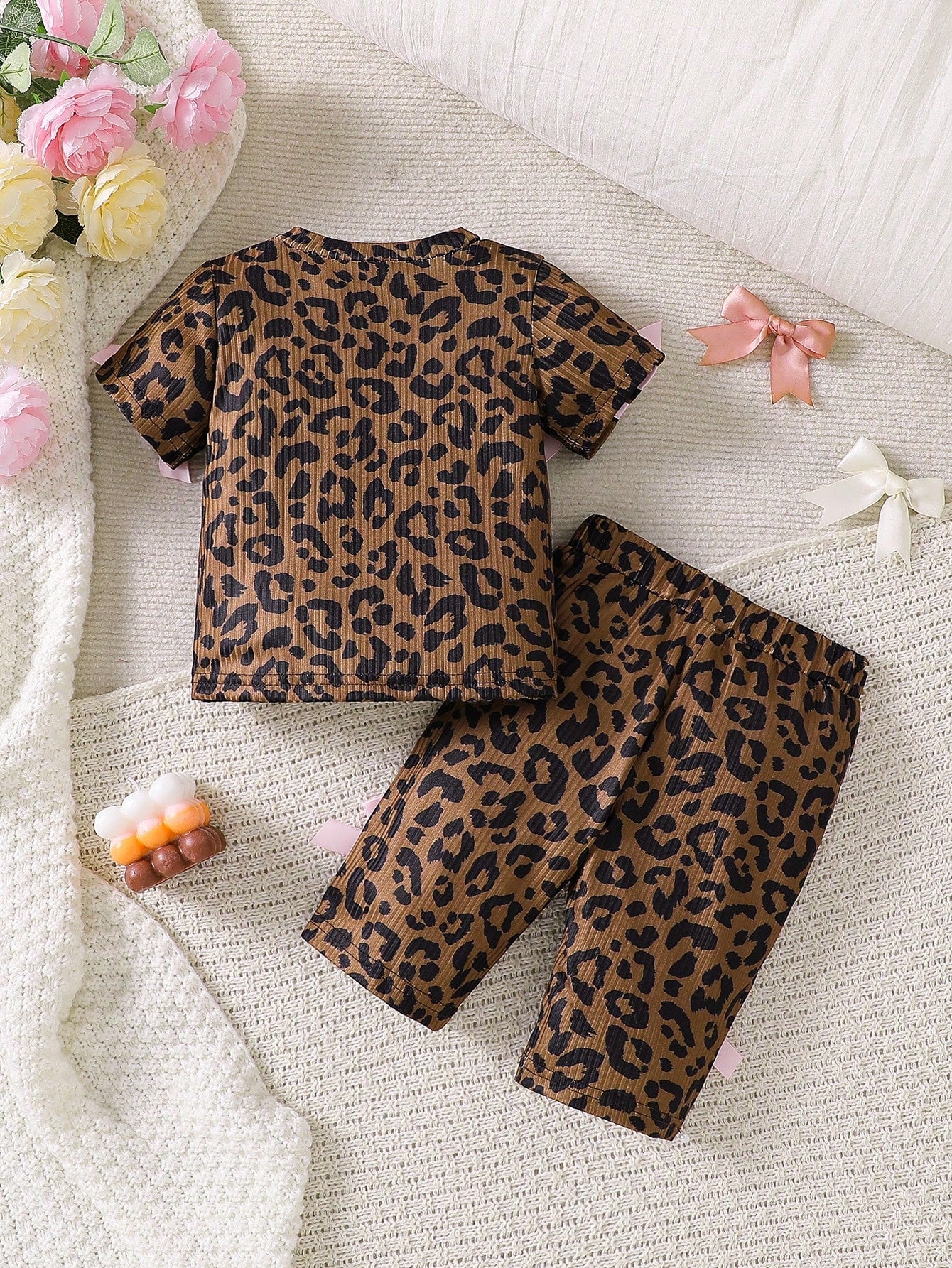 Newborn Baby Girl Pink Black Fashion Set Short Sleeve Top With 3D Bow Cute Outfit For 0-9 M Babies