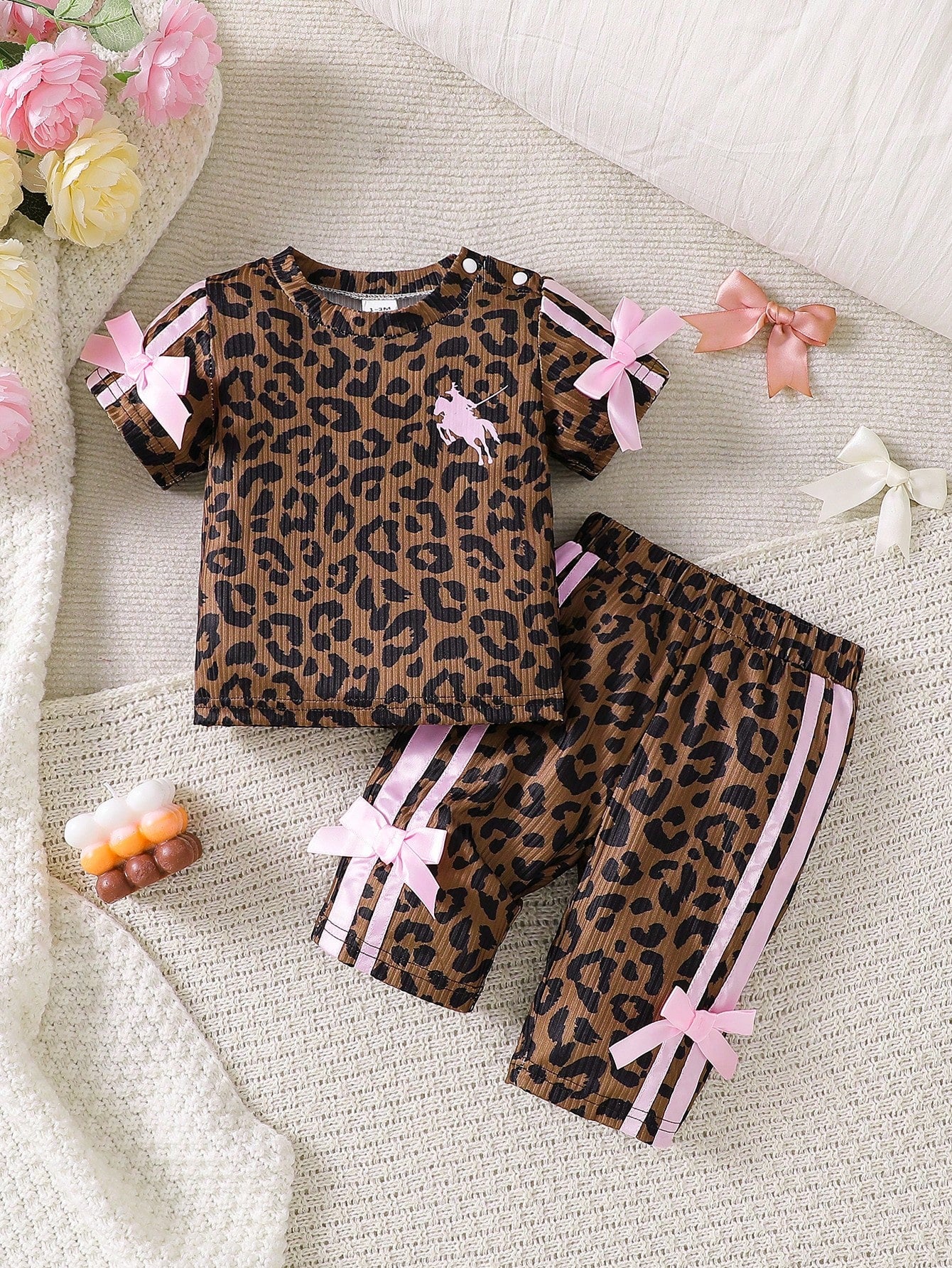 Newborn Baby Girl Pink Black Fashion Set Short Sleeve Top With 3D Bow Cute Outfit For 0-9 M Babies