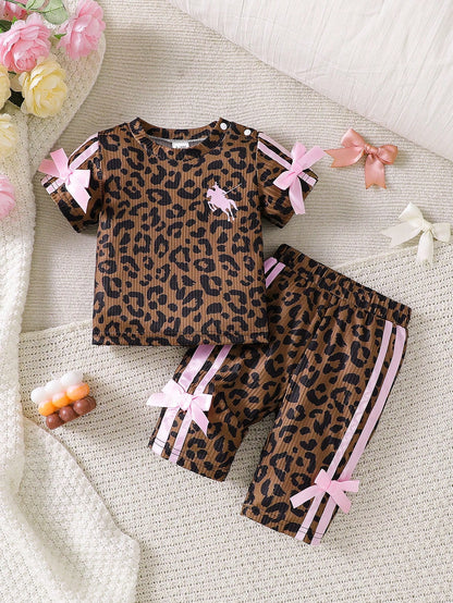 Newborn Baby Girl Pink Black Fashion Set Short Sleeve Top With 3D Bow Cute Outfit For 0-9 M Babies