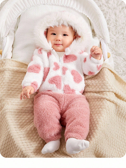 Newborn Baby Girl Pink Heart Plush Fur Collar Hooded Winter Jacket, Suitable For Outdoor, Outings, Parties And Other Occasions