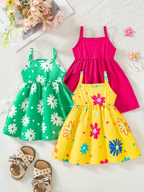 Newborn Baby Girl Summer Maroon Butter Yellow Floral Print Strap Dress 3-Piece Set, Comfortable Cute Outfit, Great Gift Cute