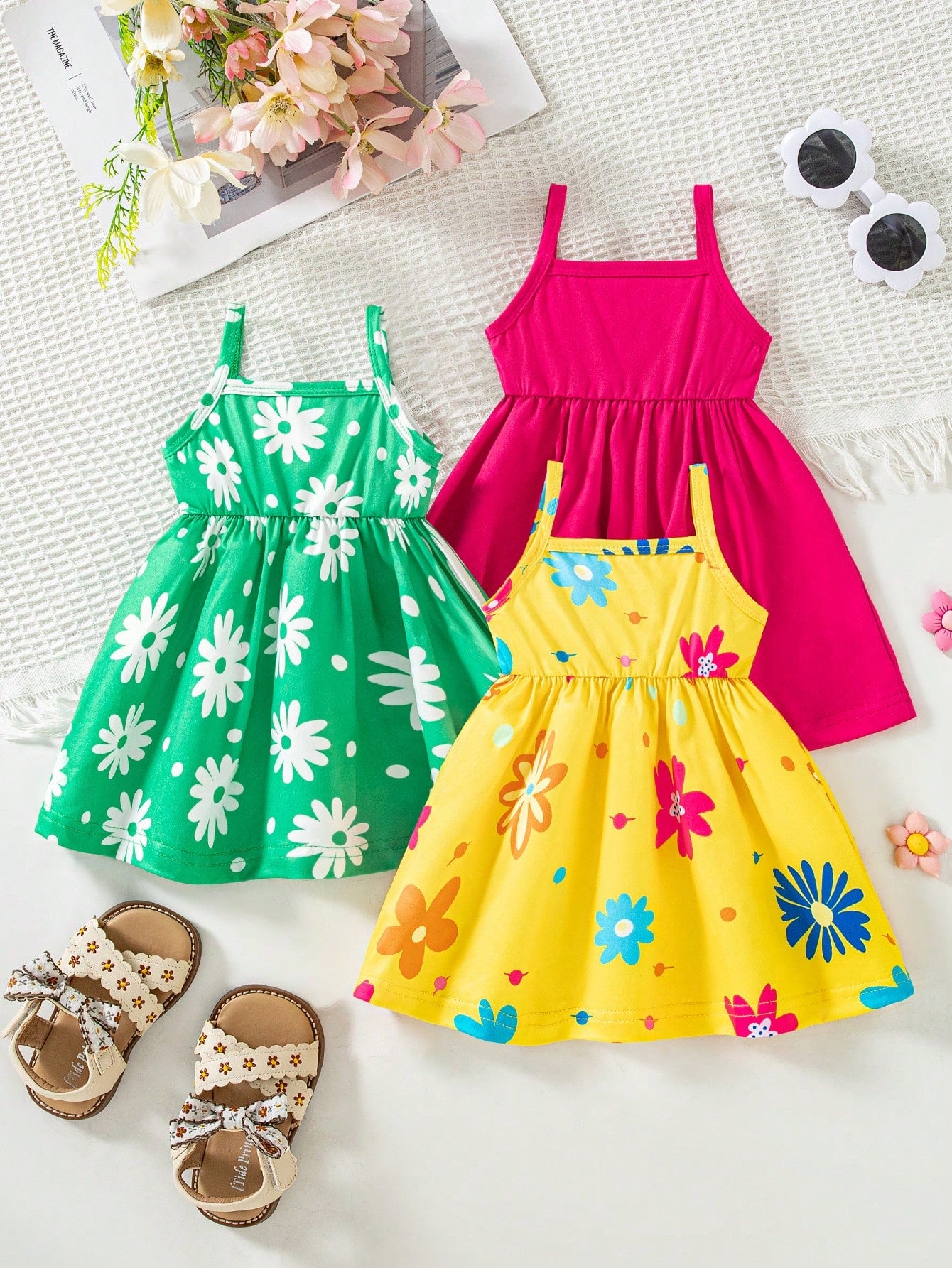 Newborn Baby Girl Summer Maroon Butter Yellow Floral Print Strap Dress 3-Piece Set, Comfortable Cute Outfit, Great Gift Cute