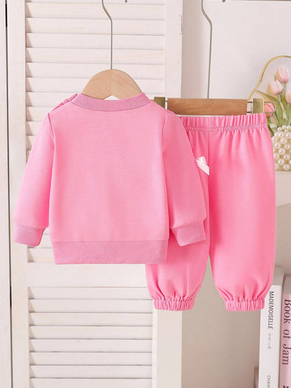Newborn Baby Girls' Casual Bow Decor Long Sleeve Top And Elastic Cuff Pants Set, Autumn Fall Winter