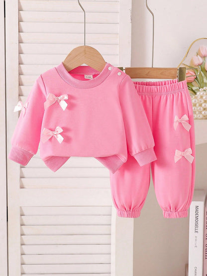 Newborn Baby Girls' Casual Bow Decor Long Sleeve Top And Elastic Cuff Pants Set, Autumn Fall Winter