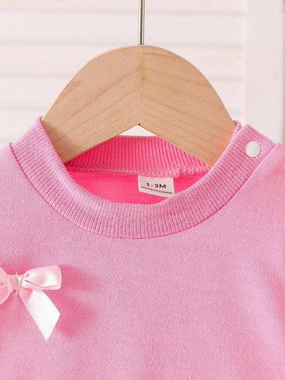 Newborn Baby Girls' Casual Bow Decor Long Sleeve Top And Elastic Cuff Pants Set, Autumn Fall Winter