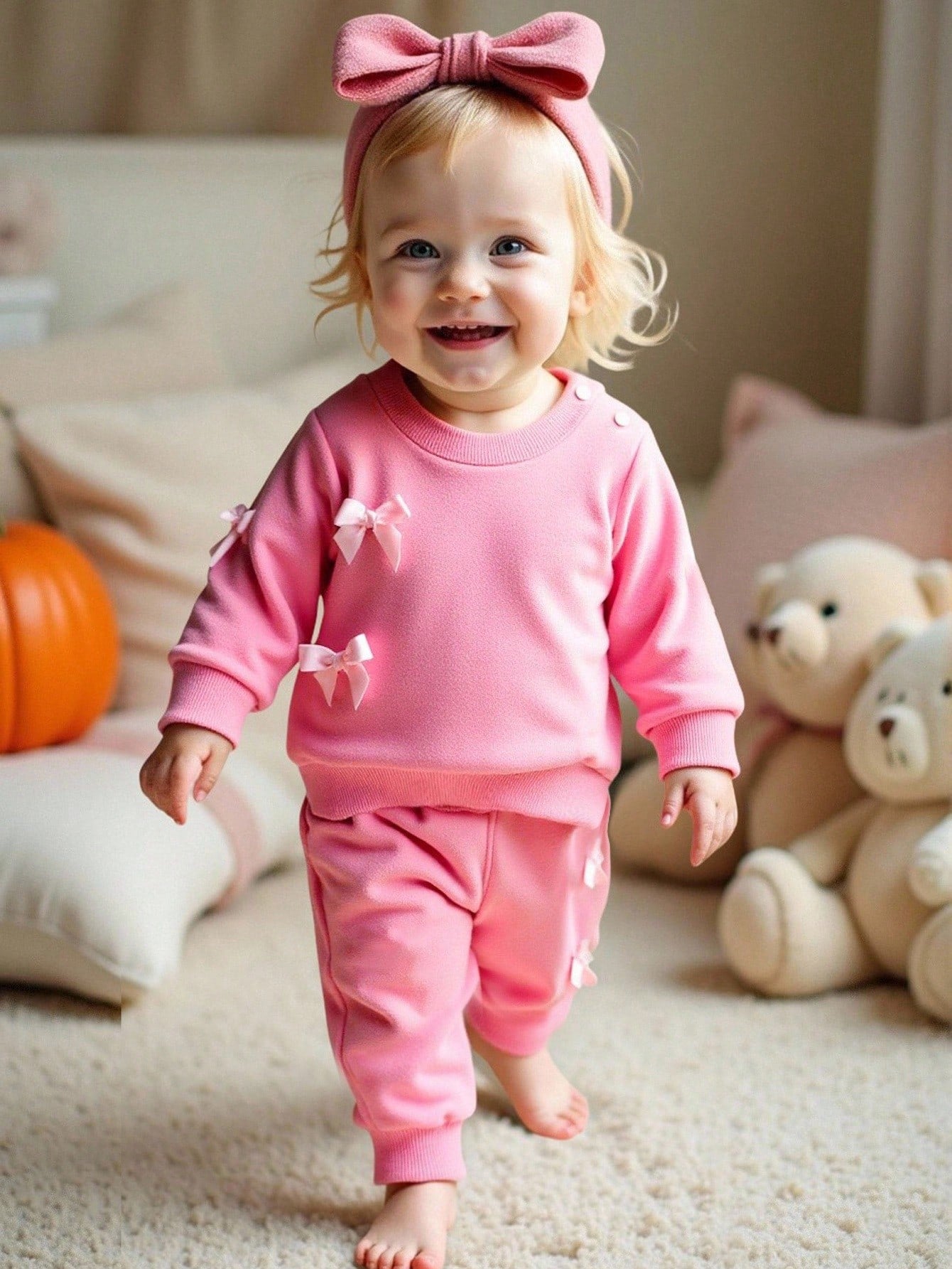 Newborn Baby Girls' Casual Bow Decor Long Sleeve Top And Elastic Cuff Pants Set, Autumn Fall Winter