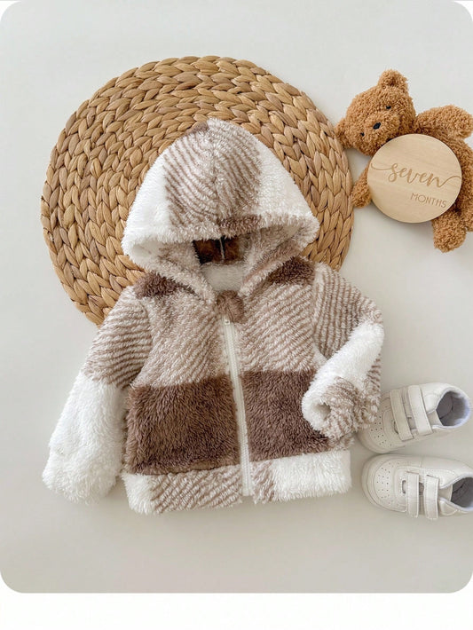Newborn Baby Girls Cute Plush Hooded Jacket, Checkered Pattern, Versatile For Autumn/Winter Fall