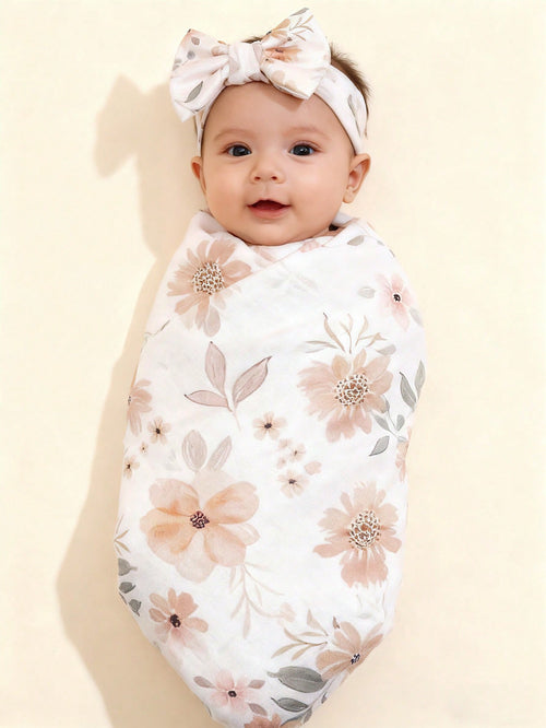 Newborn Baby Swaddle Blanket & Bow Headband Set