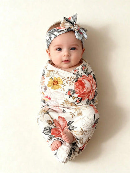 Newborn Baby Swaddle Blanket & Bow Headband Set