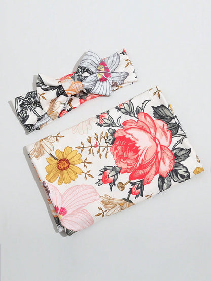 Newborn Baby Swaddle Blanket & Bow Headband Set