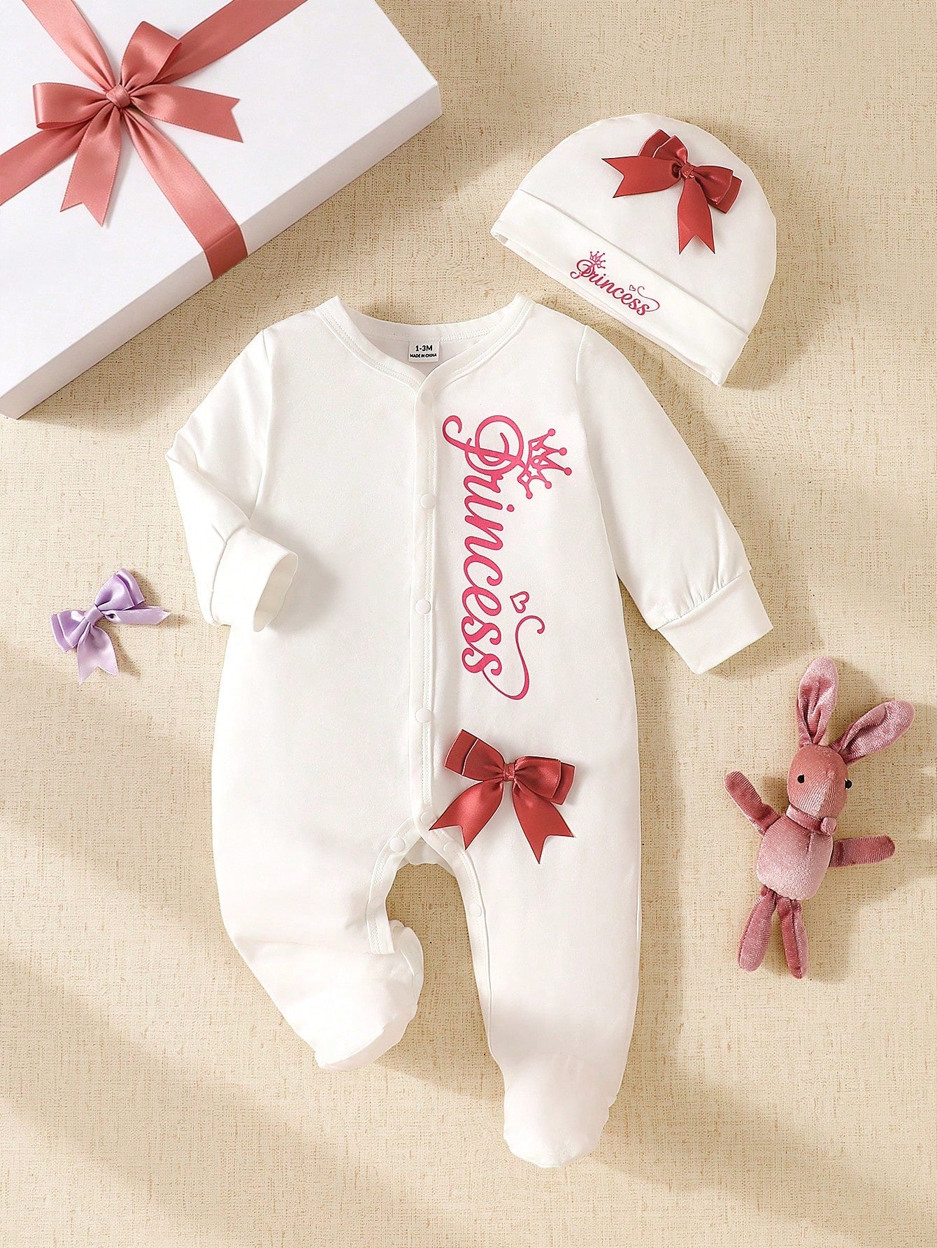 Newborn Photography Outfit And Props 3D Bow Newborn Baby Girl Long Sleeve Pants Hat 100 Days Photo Shoot Outfit Daily Wear Party Date Wear Comfortable Fabric 2pcs Set