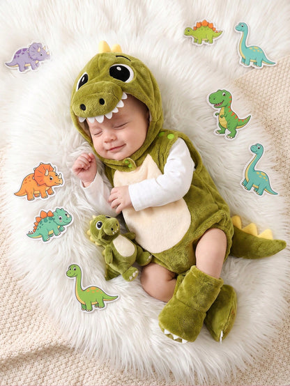 Newborn Photography Outfit And Props Plush Cute 3D Dinosaur Hat With 3D Tail, Dinosaur Bodysuit And 3D Foot Covers, 3 Pieces Set For Newborn 100 Days Photoshoot, Suitable For Winter