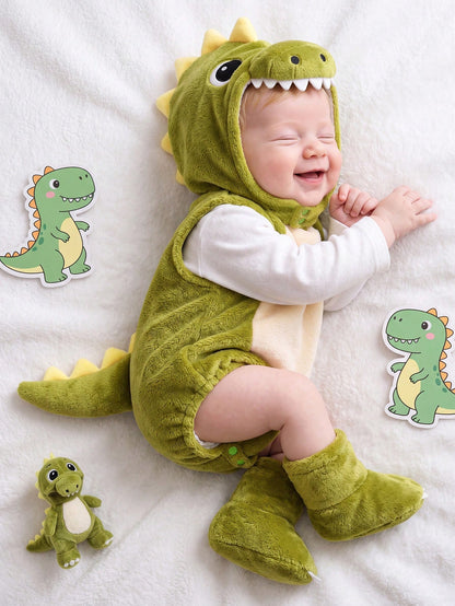 Newborn Photography Outfit And Props Plush Cute 3D Dinosaur Hat With 3D Tail, Dinosaur Bodysuit And 3D Foot Covers, 3 Pieces Set For Newborn 100 Days Photoshoot, Suitable For Winter