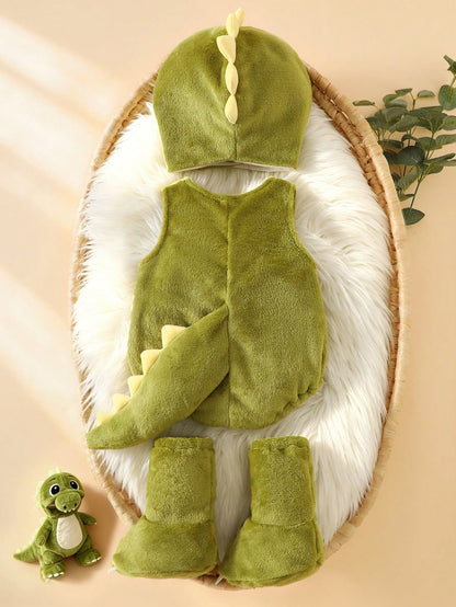 Newborn Photography Outfit And Props Plush Cute 3D Dinosaur Hat With 3D Tail, Dinosaur Bodysuit And 3D Foot Covers, 3 Pieces Set For Newborn 100 Days Photoshoot, Suitable For Winter